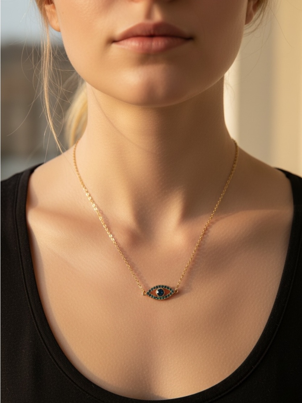 Gold Necklace with Blue Evil Eye Pendant - Women's Jewelry